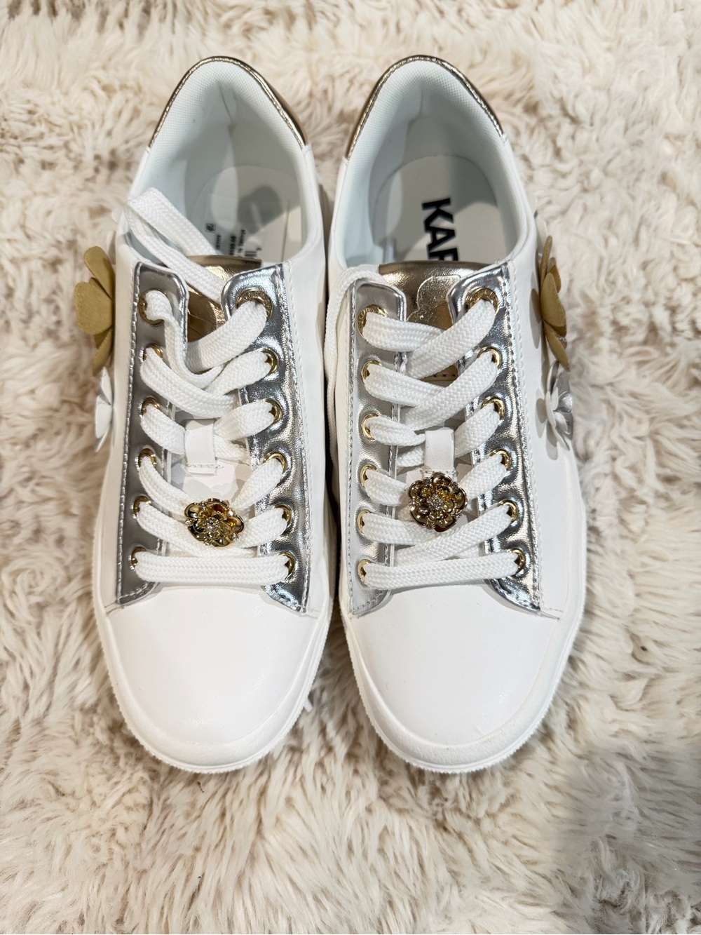 Karl Lagerfeld White Sneakers with Gold and Silver Floral Accents - Picture 2 of 7